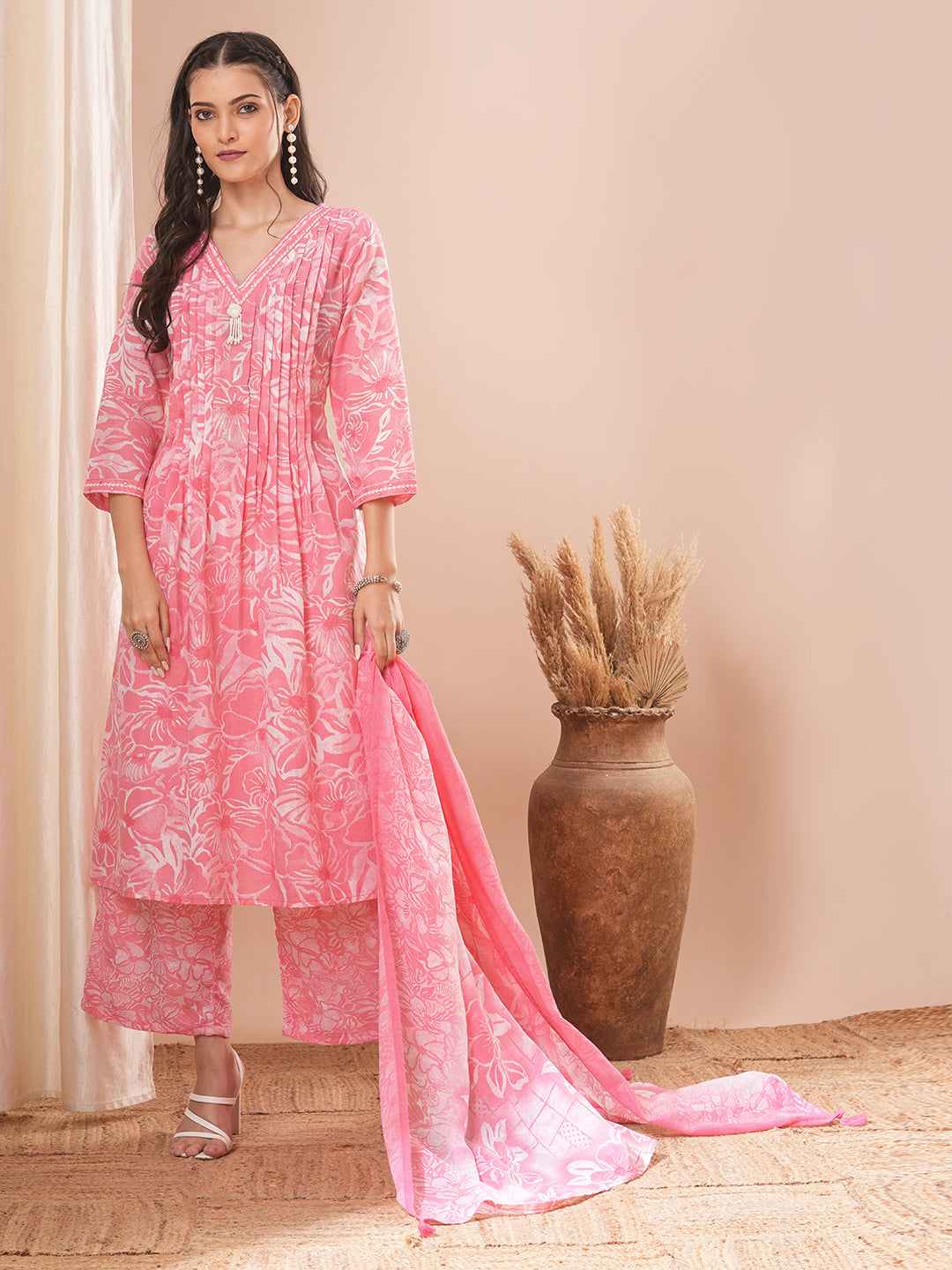 Ethnic Printed A-line Pleated Kurta with Pant and Dupatta - Pink