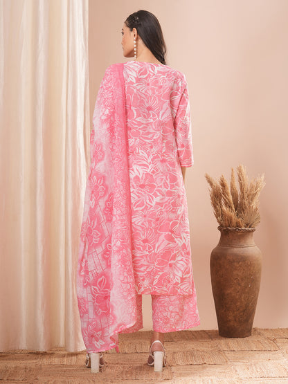 Ethnic Printed A-line Pleated Kurta with Pant and Dupatta - Pink