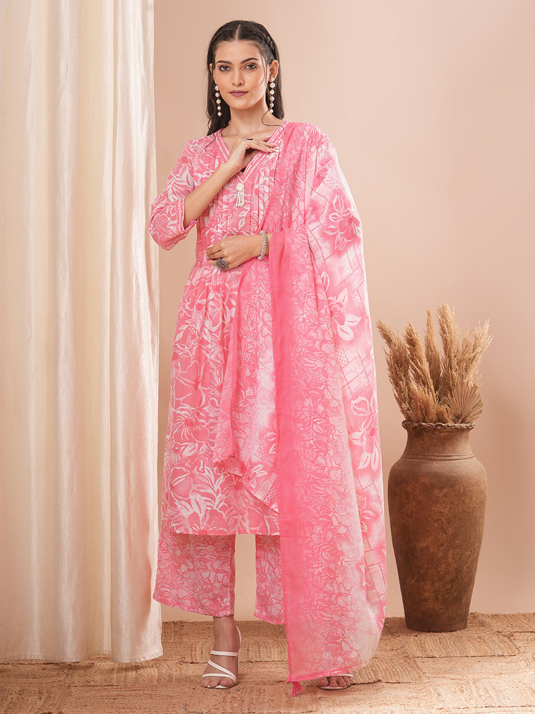 Ethnic Printed A-line Pleated Kurta with Pant and Dupatta - Pink