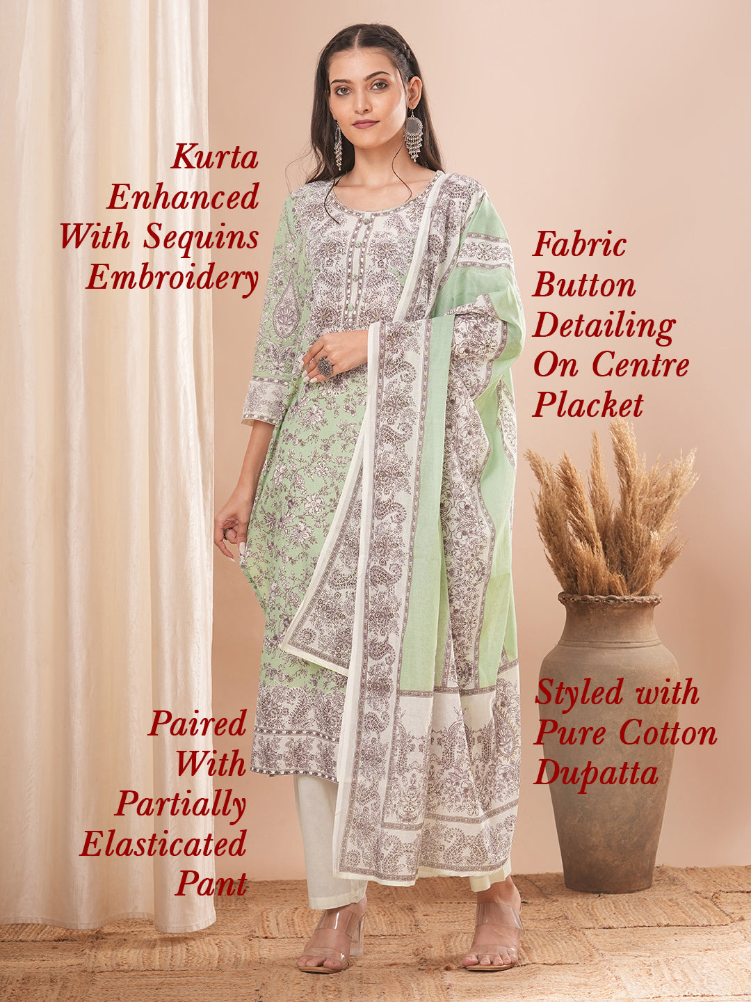 Ethnic Printed Straight Kurta with Pant and Dupatta - Light Green