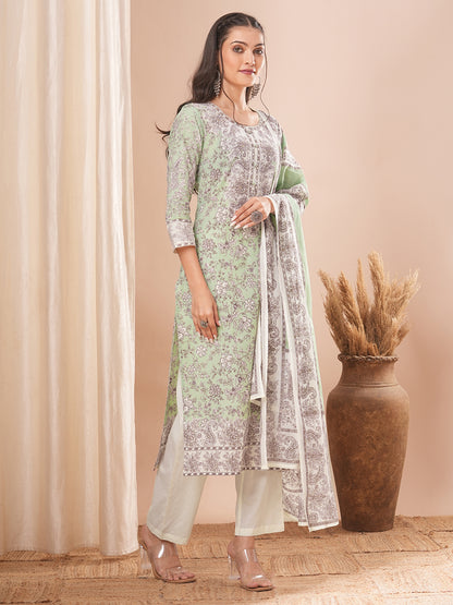 Ethnic Printed Straight Kurta with Pant and Dupatta - Light Green