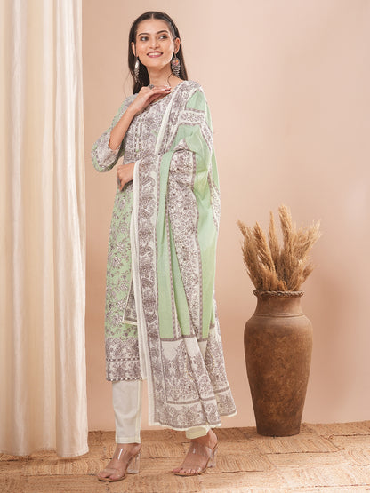 Ethnic Printed Straight Kurta with Pant and Dupatta - Light Green