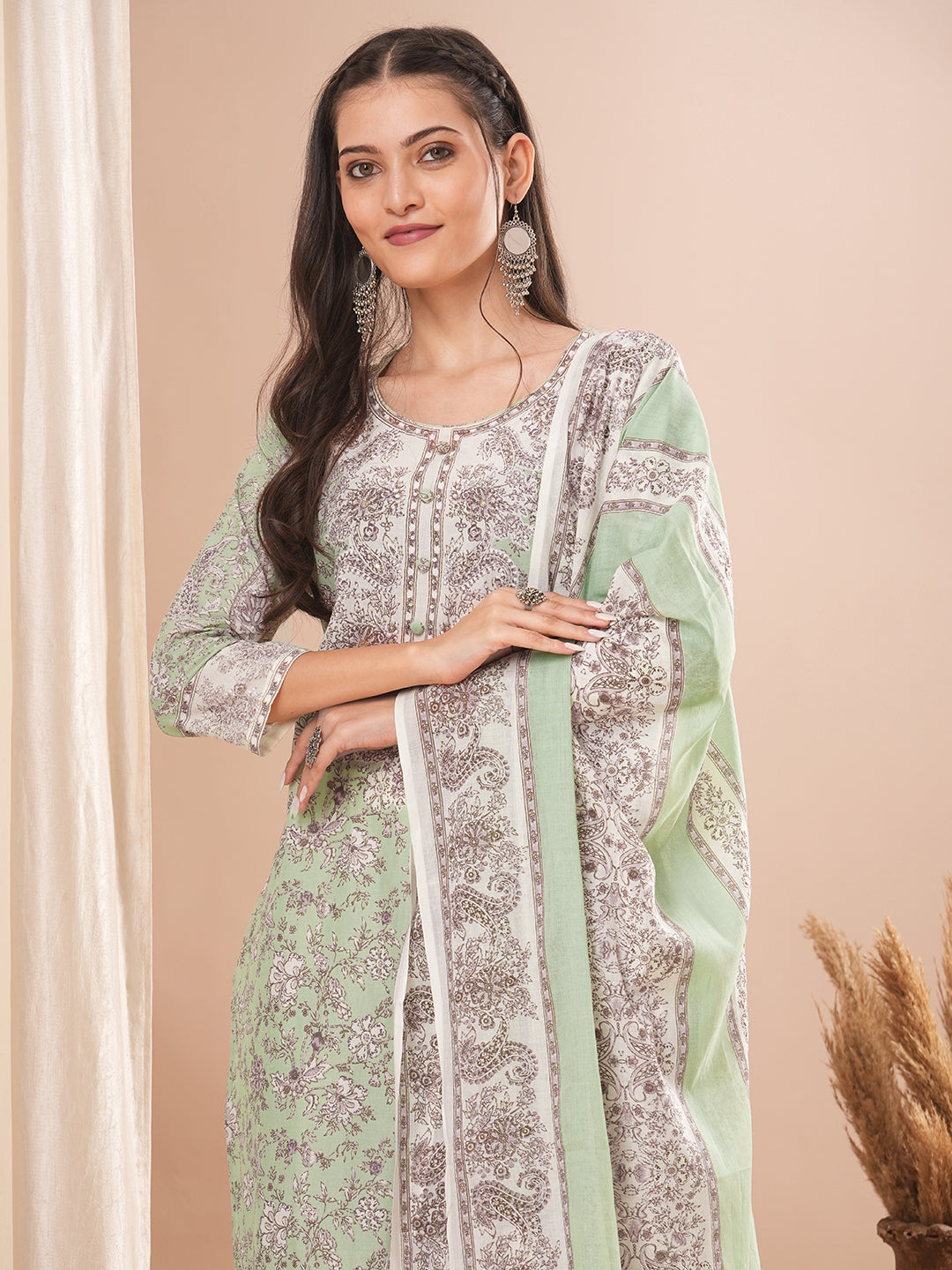 Ethnic Printed Straight Kurta with Pant and Dupatta - Light Green