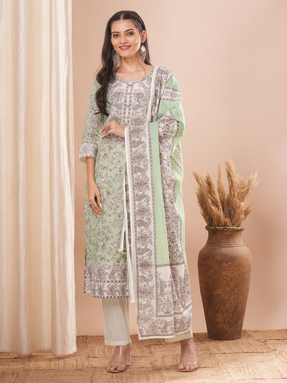 Ethnic Printed Straight Kurta with Pant and Dupatta - Light Green