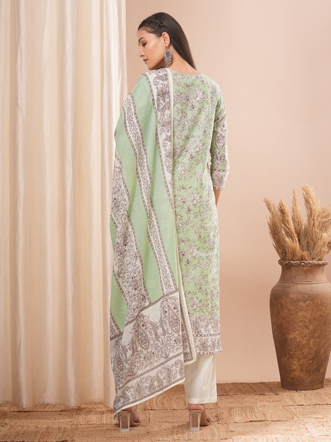 Ethnic Printed Straight Kurta with Pant and Dupatta - Light Green