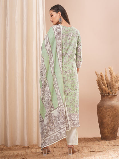 Ethnic Printed Straight Kurta with Pant and Dupatta - Light Green