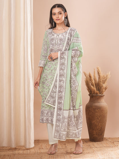 Ethnic Printed Straight Kurta with Pant and Dupatta - Light Green