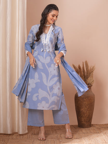 Ethnic Printed Straight Kurta with Pant and Dupatta - Lavender