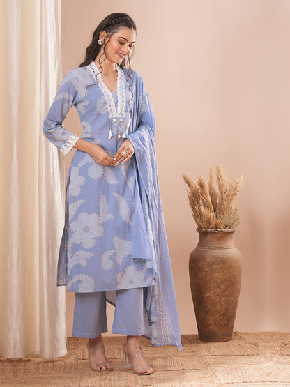 Ethnic Printed Straight Kurta with Pant and Dupatta - Lavender