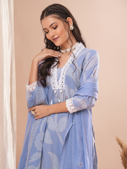 Ethnic Printed Straight Kurta with Pant and Dupatta - Lavender