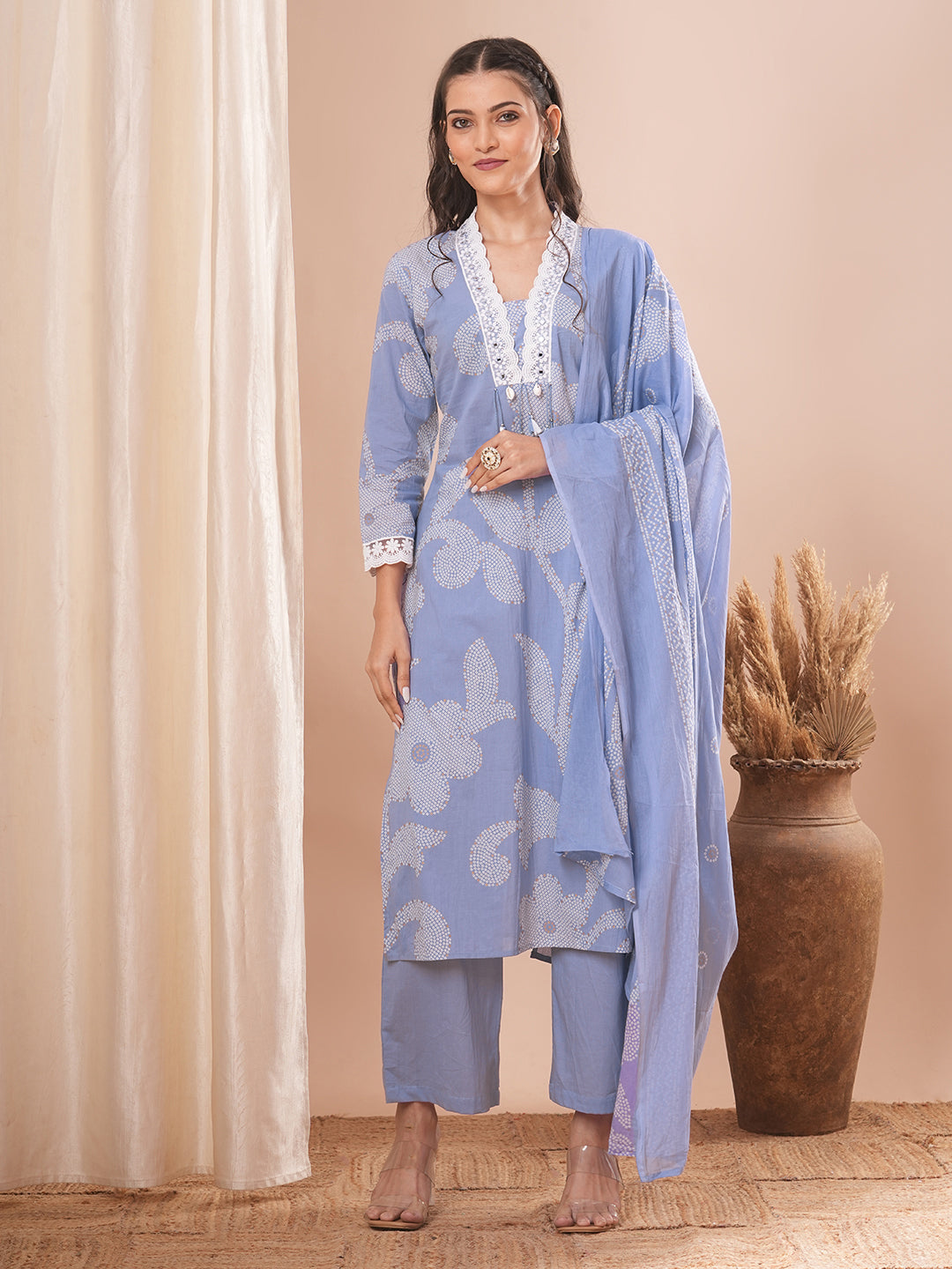 Ethnic Printed Straight Kurta with Pant and Dupatta - Lavender