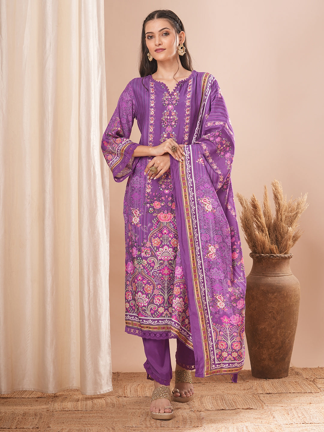 Ethnic Floral Printed & Hand Embroidered Kurta with Pant and Dupatta - Purple