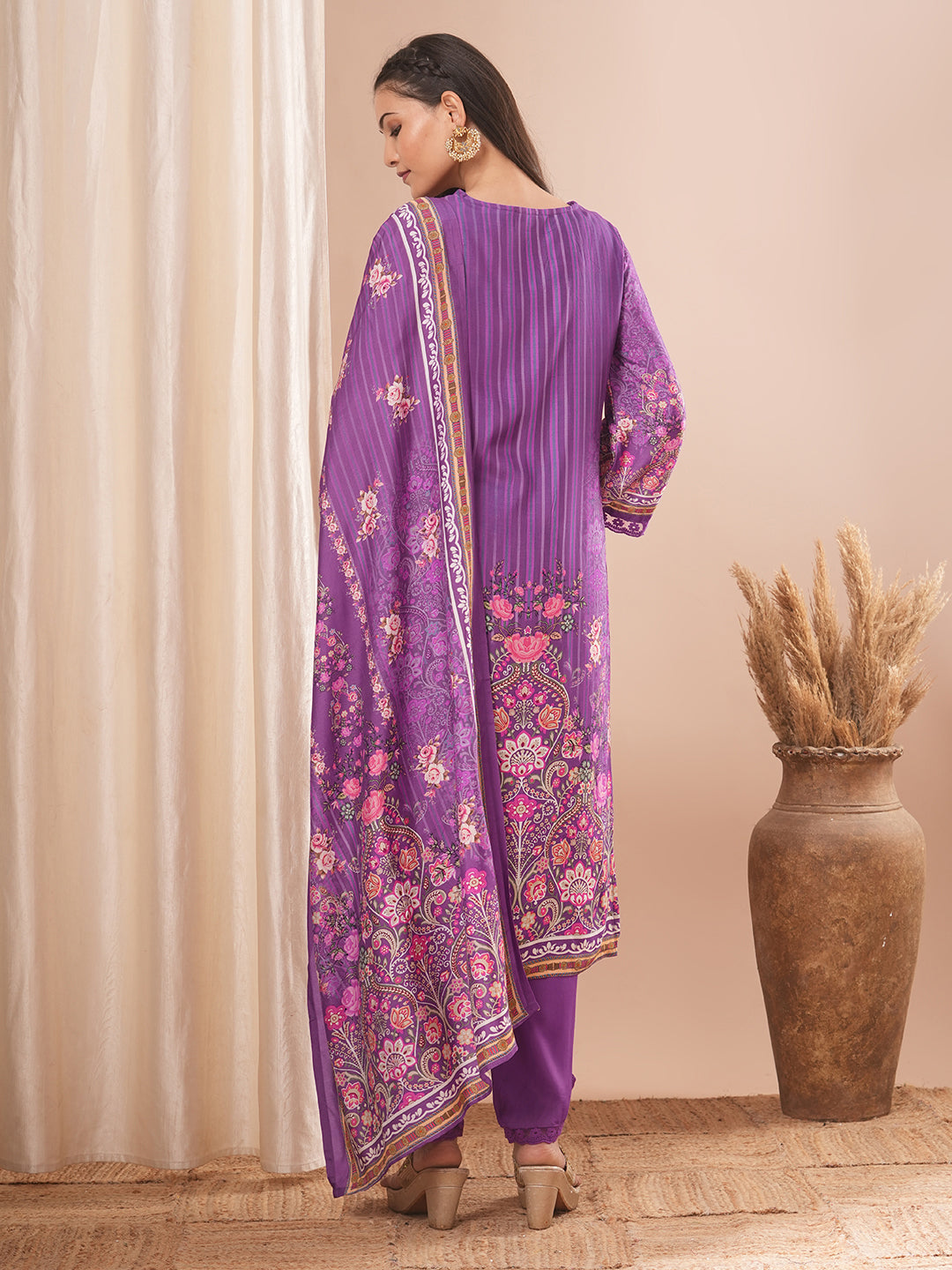 Ethnic Floral Printed & Hand Embroidered Kurta with Pant and Dupatta - Purple