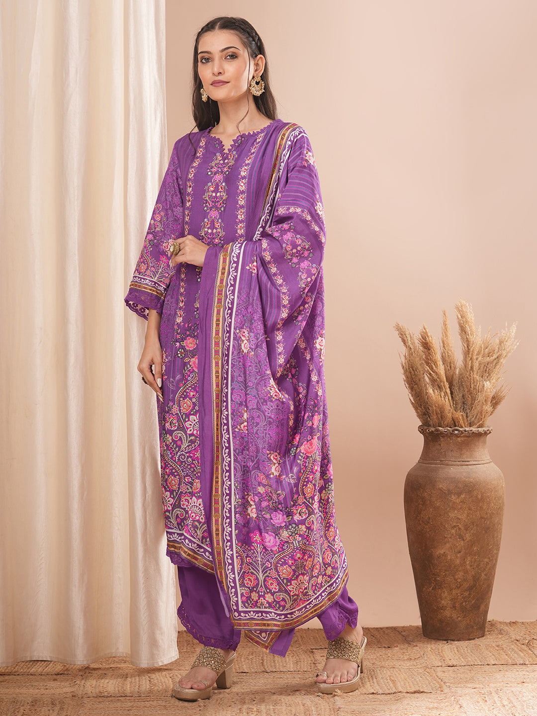 Ethnic Floral Printed & Hand Embroidered Kurta with Pant and Dupatta - Purple