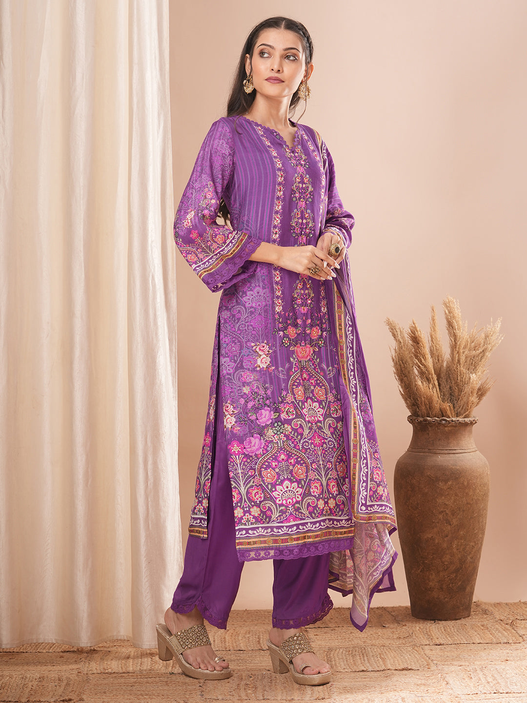 Ethnic Floral Printed & Hand Embroidered Kurta with Pant and Dupatta - Purple