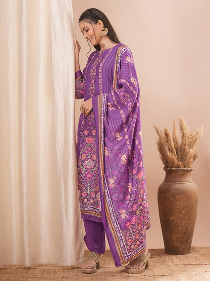 Ethnic Floral Printed & Hand Embroidered Kurta with Pant and Dupatta - Purple