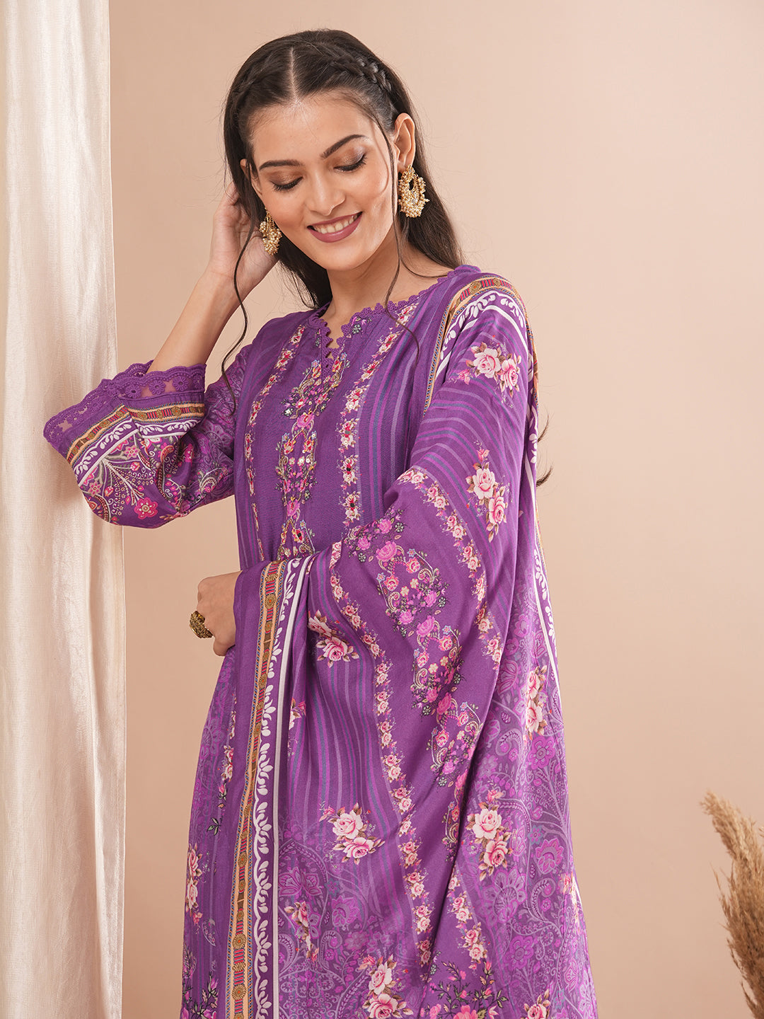 Ethnic Floral Printed & Hand Embroidered Kurta with Pant and Dupatta - Purple