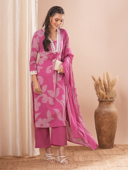 Ethnic Printed Straight Kurta with Pant and Dupatta - Pink