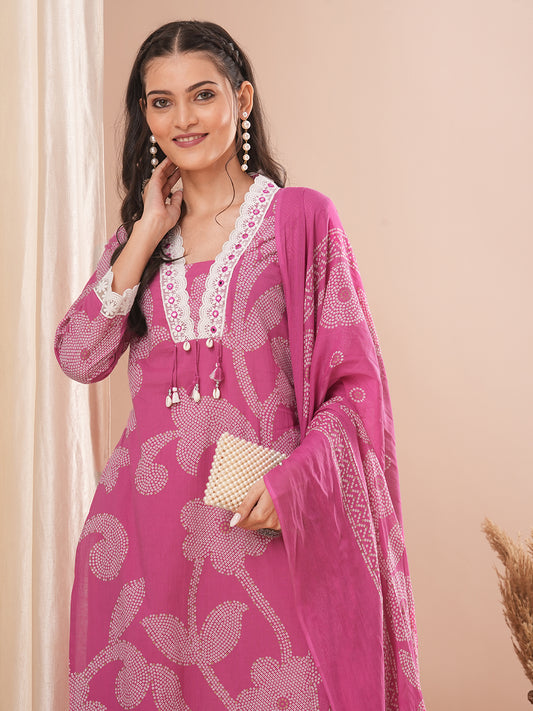 Ethnic Printed Straight Kurta with Pant and Dupatta - Pink