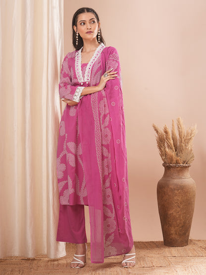 Ethnic Printed Straight Kurta with Pant and Dupatta - Pink