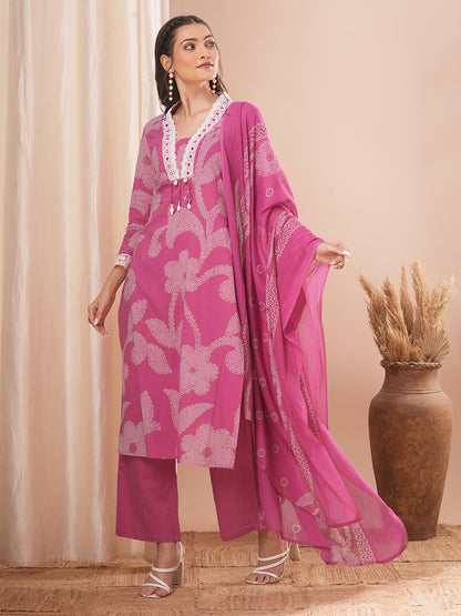 Ethnic Printed Straight Kurta with Pant and Dupatta - Pink