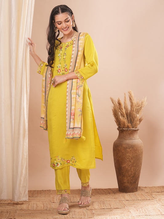 Solid Floral Embroidered Straight Kurta with Pant & Floral Printed Dupatta - Yellow