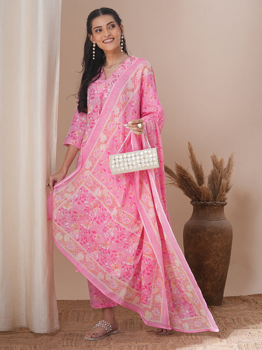 Ethnic Floral Printed Straight Fit Kurta with Pant and Dupatta - Pink