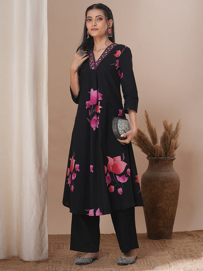 Lotus Printed & Embroidered A-Line Kurta with Palazzo - Black