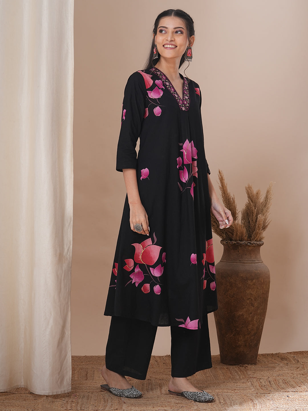 Lotus Printed & Embroidered A-Line Kurta with Palazzo - Black
