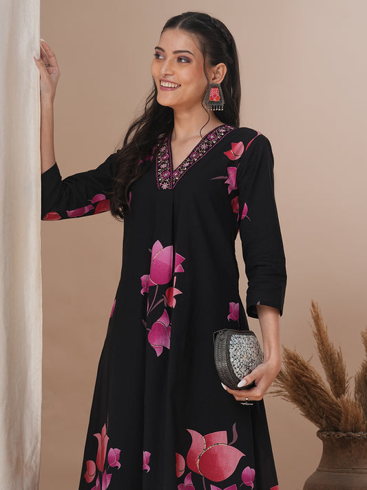 Lotus Printed & Embroidered A-Line Kurta with Palazzo - Black