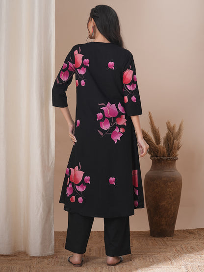 Lotus Printed & Embroidered A-Line Kurta with Palazzo - Black