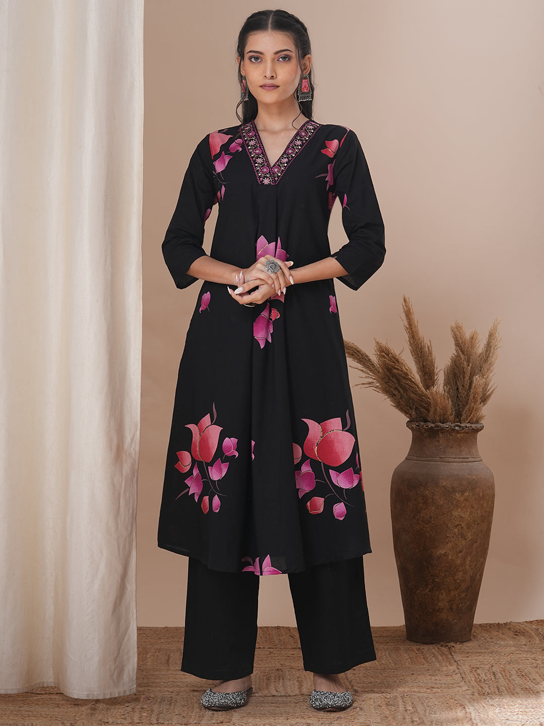 Lotus Printed & Embroidered A-Line Kurta with Palazzo - Black