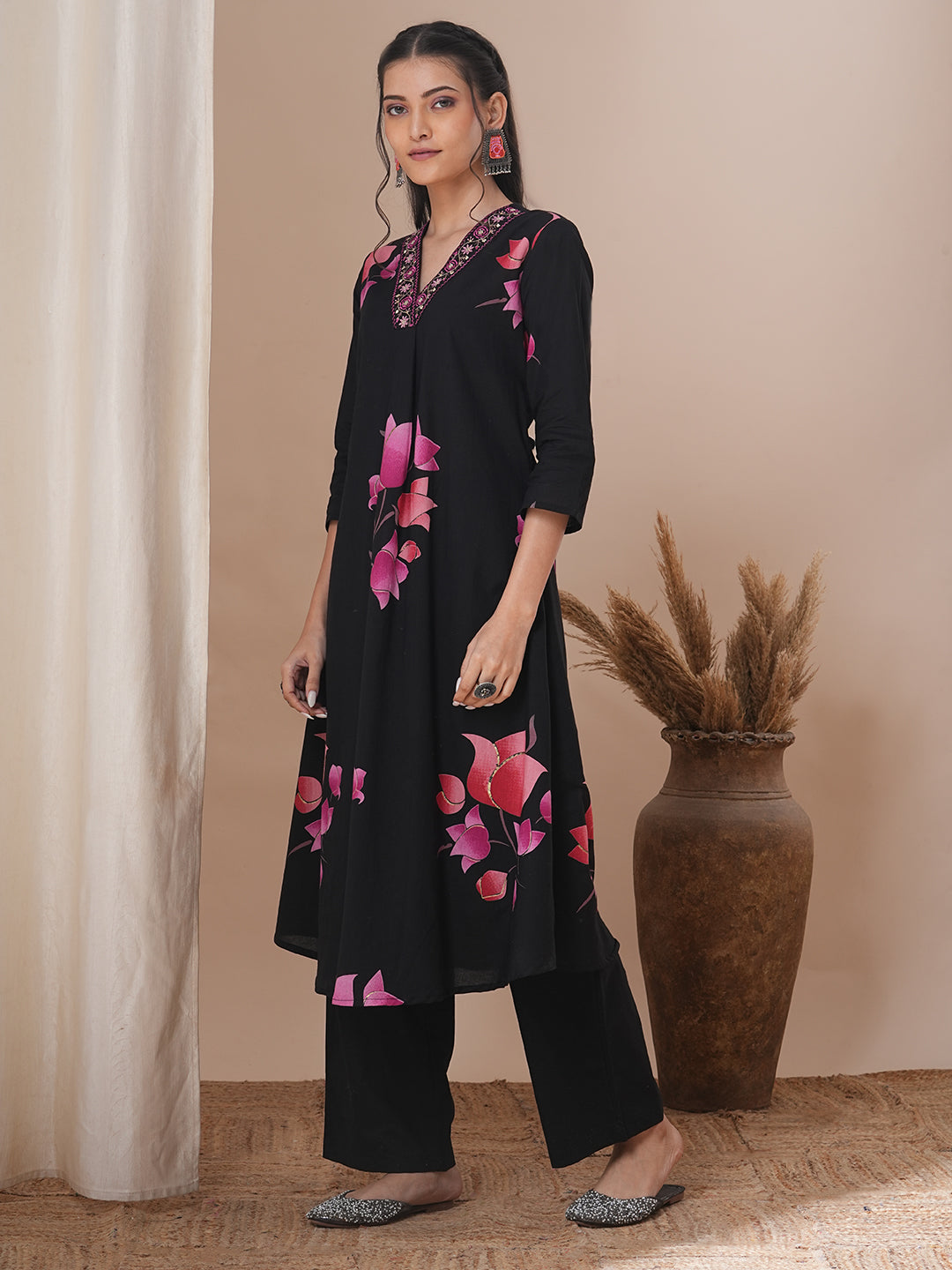 Lotus Printed & Embroidered A-Line Kurta with Palazzo - Black
