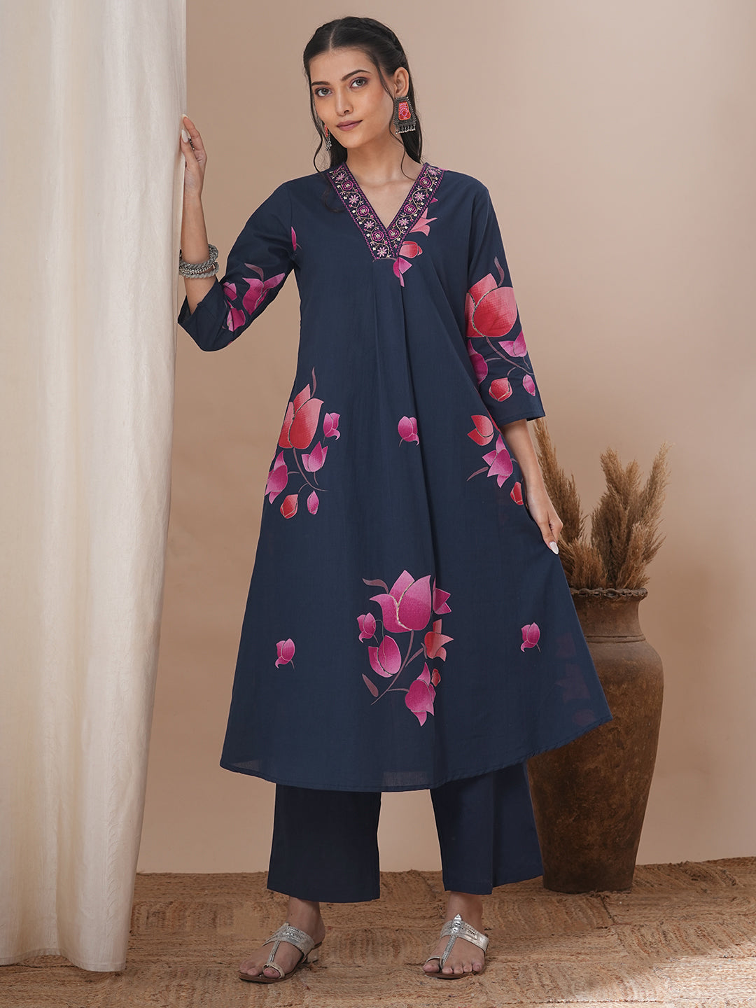 Ethnic Lotus Printed & Embroidered A-Line Kurta with Palazzo - Blue