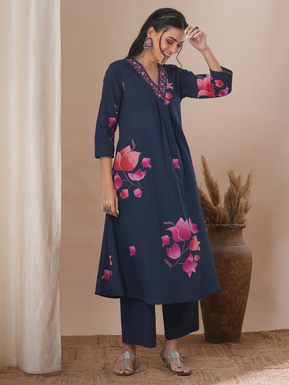 Ethnic Lotus Printed & Embroidered A-Line Kurta with Palazzo - Blue
