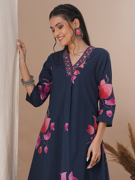 Ethnic Lotus Printed & Embroidered A-Line Kurta with Palazzo - Blue