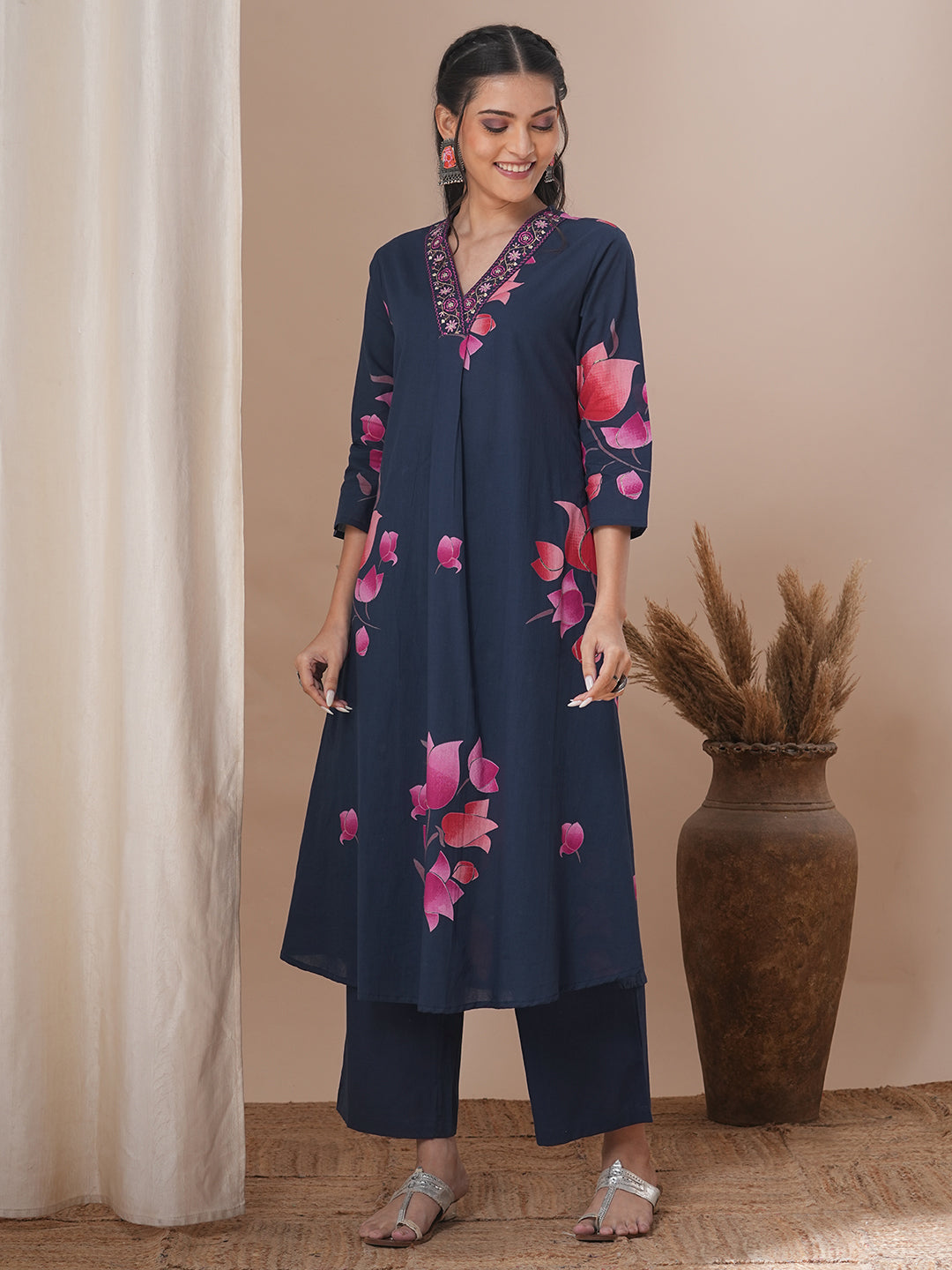 Ethnic Lotus Printed & Embroidered A-Line Kurta with Palazzo - Blue