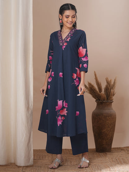 Ethnic Lotus Printed & Embroidered A-Line Kurta with Palazzo - Blue