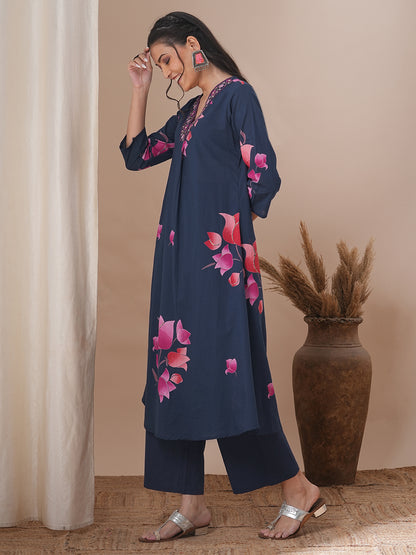 Ethnic Lotus Printed & Embroidered A-Line Kurta with Palazzo - Blue