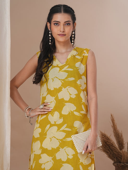 Abstract Floral Printed Straight Fit Co-ord Set - Yellow