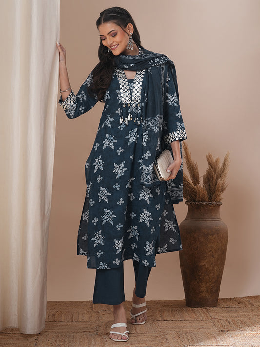 Floral Printed & Embroidered Straight Kurta with Pant & Dupatta - Blue