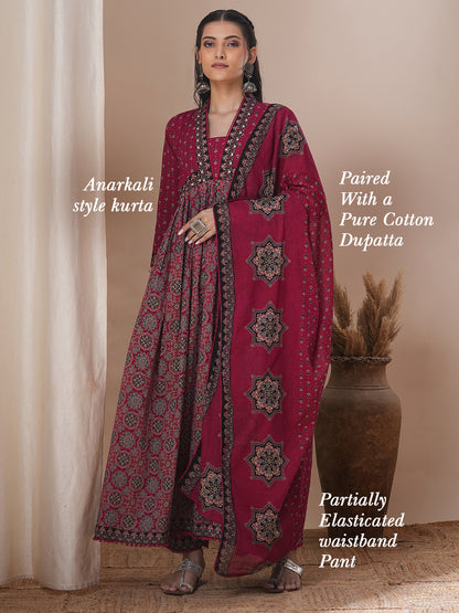 Ethnic Printed & Embroidered Anarkali Kurta with Pant and Dupatta - Maroon