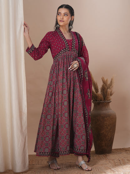 Ethnic Printed & Embroidered Anarkali Kurta with Pant and Dupatta - Maroon