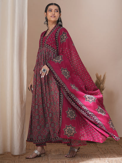 Ethnic Printed & Embroidered Anarkali Kurta with Pant and Dupatta - Maroon