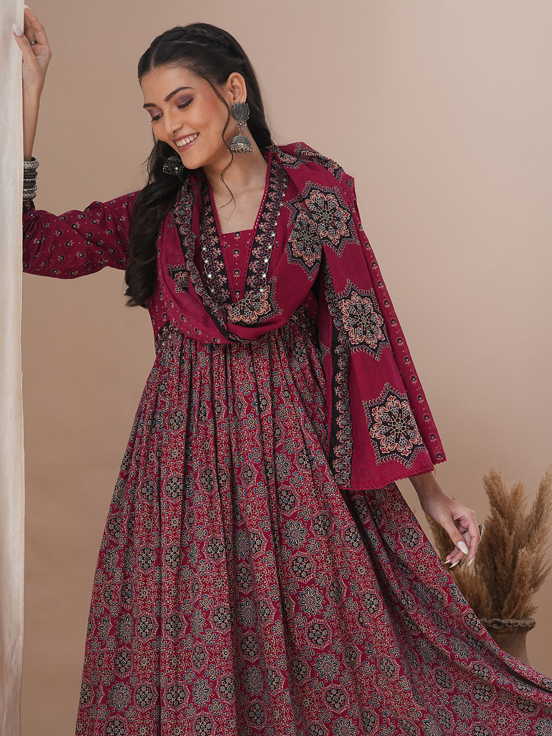 Ethnic Printed & Embroidered Anarkali Kurta with Pant and Dupatta - Maroon