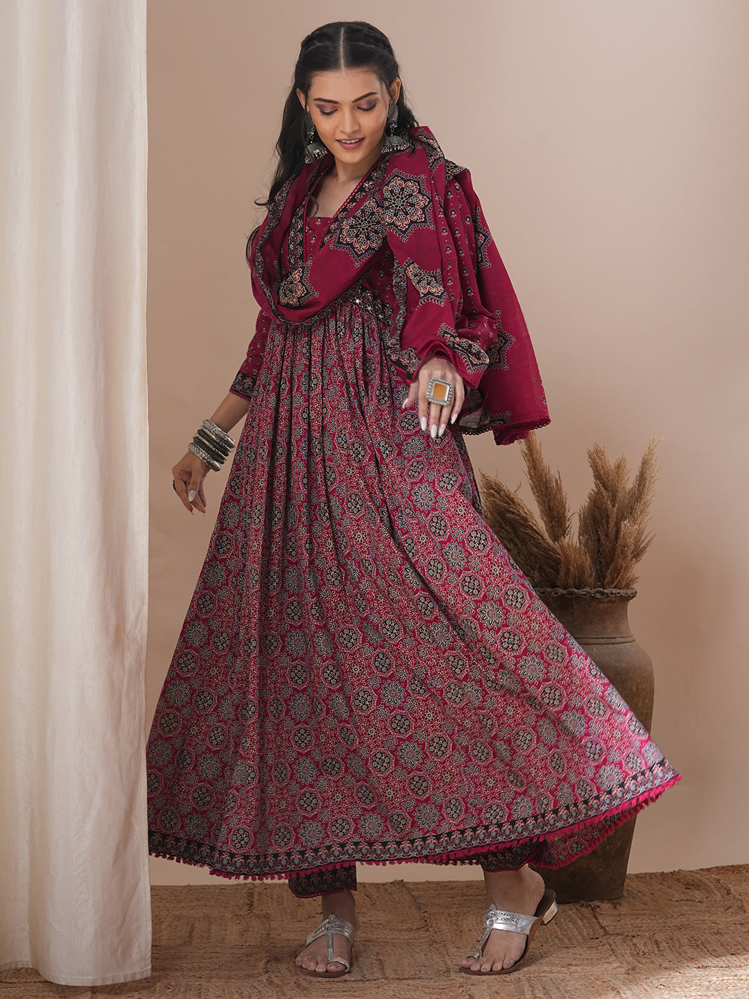 Ethnic Printed & Embroidered Anarkali Kurta with Pant and Dupatta - Maroon