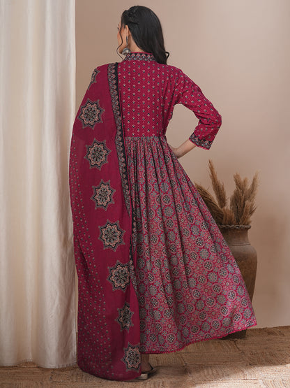 Ethnic Printed & Embroidered Anarkali Kurta with Pant and Dupatta - Maroon