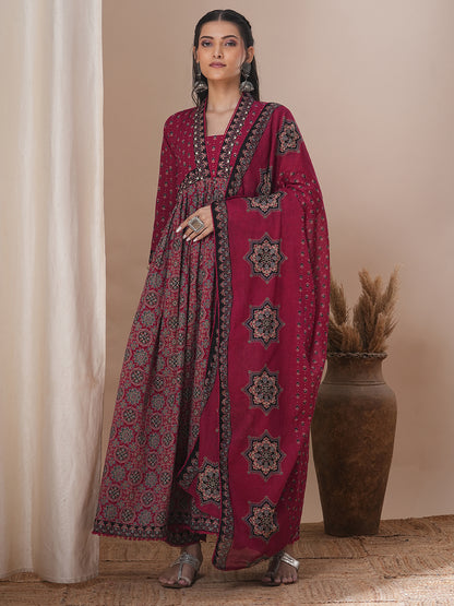 Ethnic Printed & Embroidered Anarkali Kurta with Pant and Dupatta - Maroon