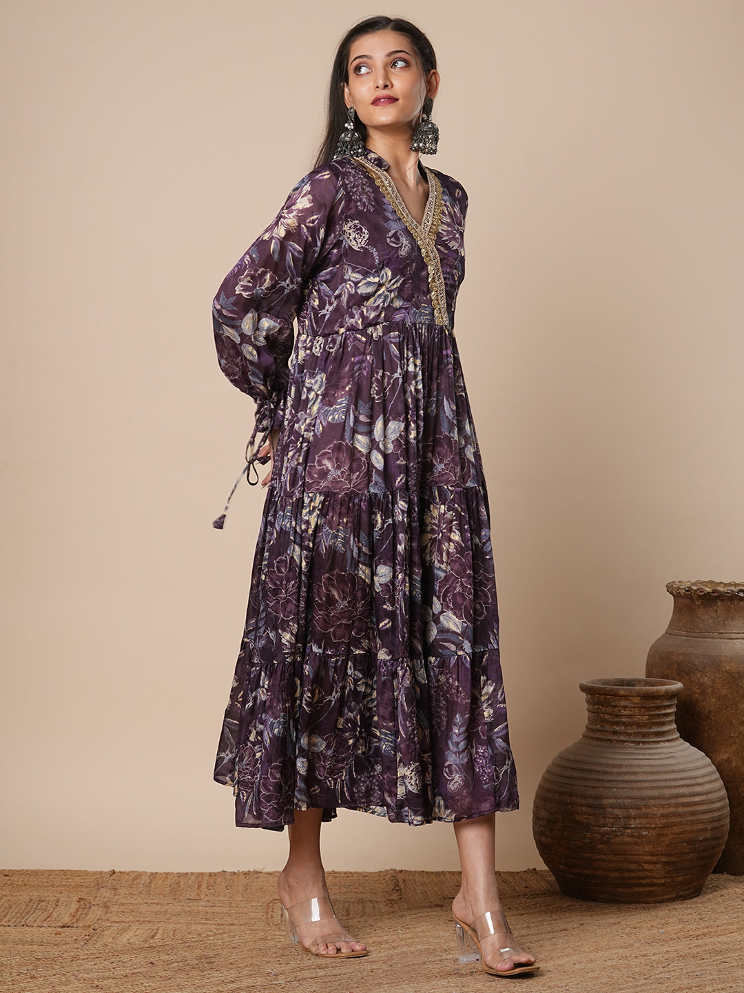 Abstract Floral Foil Printed A-Line Pleated Maxi Dress - Burgundy