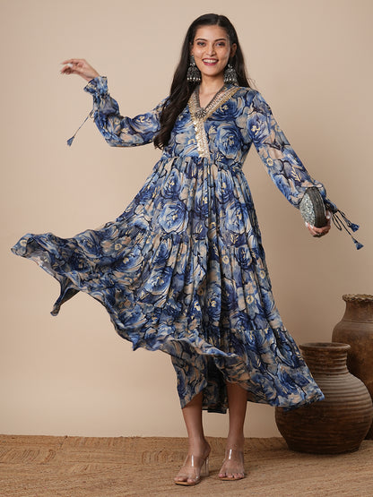 Abstract Floral Foil Printed A-Line Pleated Maxi Dress - Blue